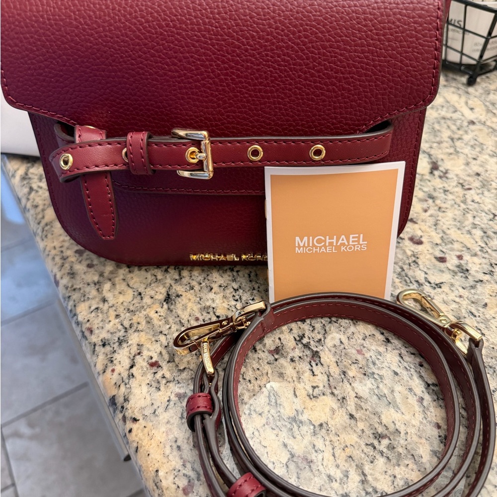 Michael Kors Emilia small saddle leather Oxblood Burgundy Crossbody Bag; New - Picture 5 of 7